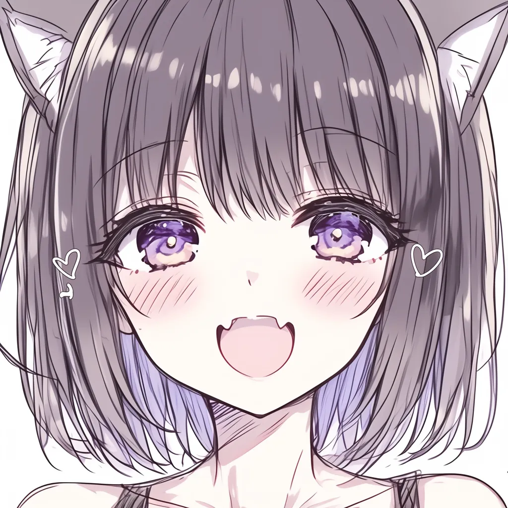 猫口の元気笑顔｜【基本構造】猫耳を描き加えた構図で、大きく口を開ける描き方を取り、目を輝かせています。<br>【演出の方向性】猫口の形状が無邪気さを強調し、元気で明るいエネルギーが前面に押し出されています。<br>