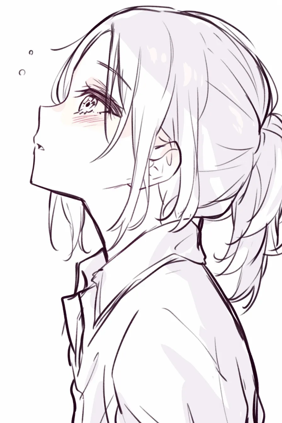 上を向く顔（少女・ポニーテール）｜【基本構造】髪を後ろで束ね、首筋を伸ばして顎を高く持ち上げる描き方で、横顔のラインをすっきり見せています。<br>【演出の方向性】頬の赤みと瞳の潤みが感情を豊かに示し、切なさや恋心を想起させる表現になっています。<br>