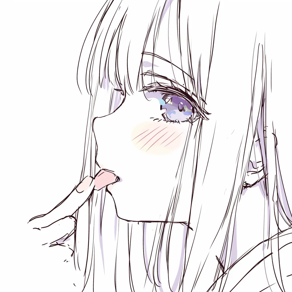 舌をだすの指先｜【基本構造】横顔をベースにし、舌先に指を添える描き方で輪郭をシャープに描いています。髪が顔の輪郭に沿って流れています。<br>【演出の方向性】舌と指の組み合わせにより、無邪気さと同時に少し艶やかなニュアンスが表現されています。<br>