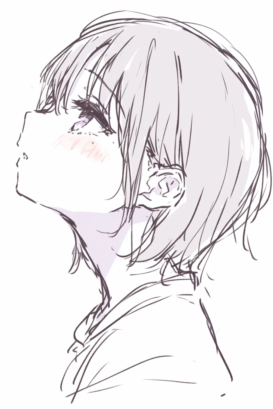 上を向く顔（少女・ラフ線画）｜【基本構造】乱れた髪とラフな線で構成され、顎を持ち上げた横顔を描き方として提示しています。<br>【演出の方向性】頬の赤みや伏し目がちな視線で、儚さや不安を含んだ表情を表現しています。線の勢いが感情の揺れを強調します。<br>