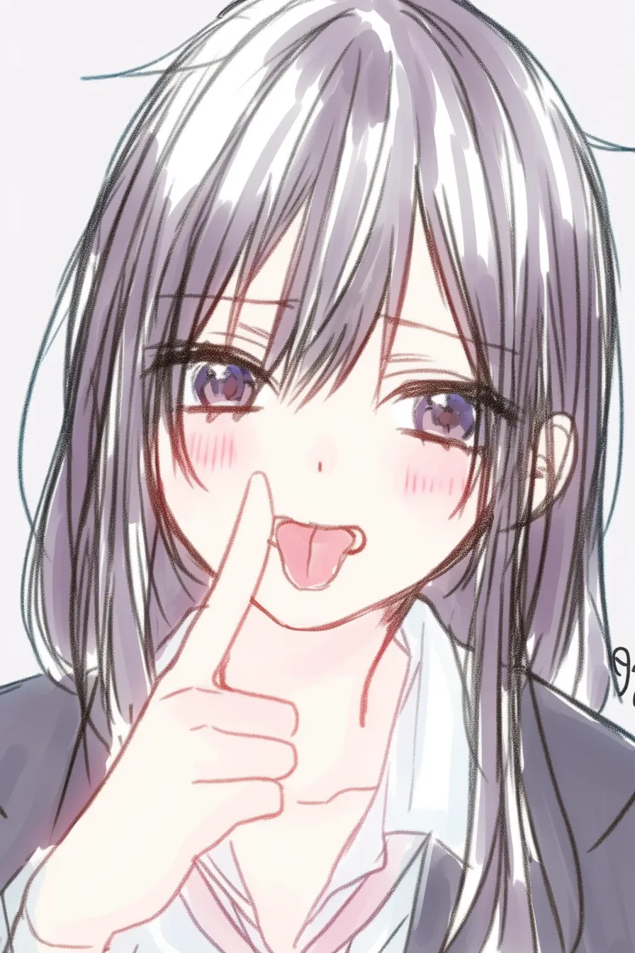 かわいいあっかんべーの制服姿｜【基本構造】正面からのバストアップで制服姿を描き、指先を頬に当てながら舌を突き出す描き方をとっています。<br>【演出の方向性】制服という要素が加わることで日常的な文脈が生まれ、学校生活の一コマのような親近感のある仕草になります。<br>