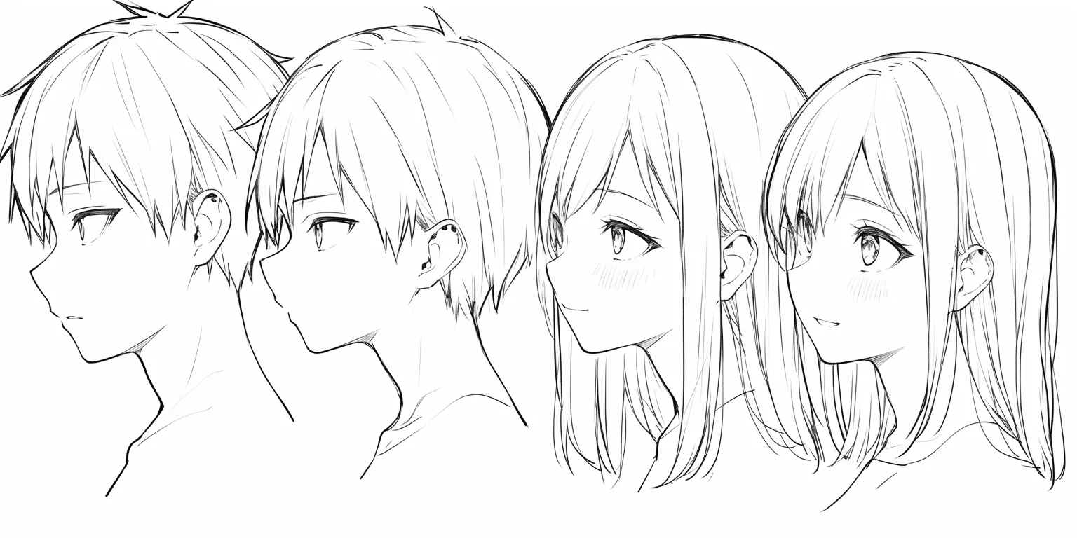 輪郭（少年の横顔）｜【基本構造】直線的でシャープな顎先を意識した描き方。首筋も細めに描かれ、シルエットの硬さが強調されています。<br>【演出の方向性】硬質な輪郭が冷静さや理知的な印象を与え、落ち着いた少年像を演出します。<br>