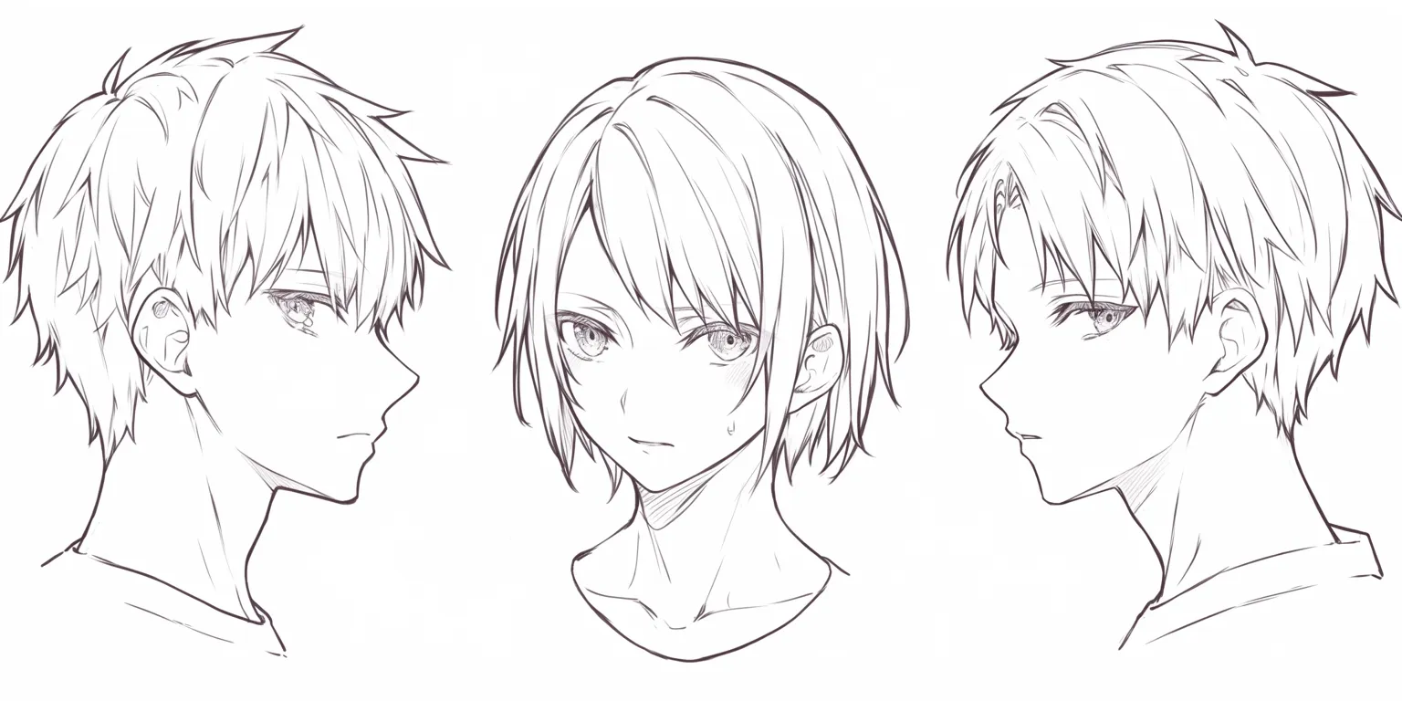 輪郭の描き方（男・やや鋭いライン）｜【基本構造】顎を細く、首をやや長めに描き方を調整し、シャープな輪郭を強調しています。<br>【演出の方向性】鋭さがクールさや緊張感を与え、知的または冷静な印象を演出します。<br>