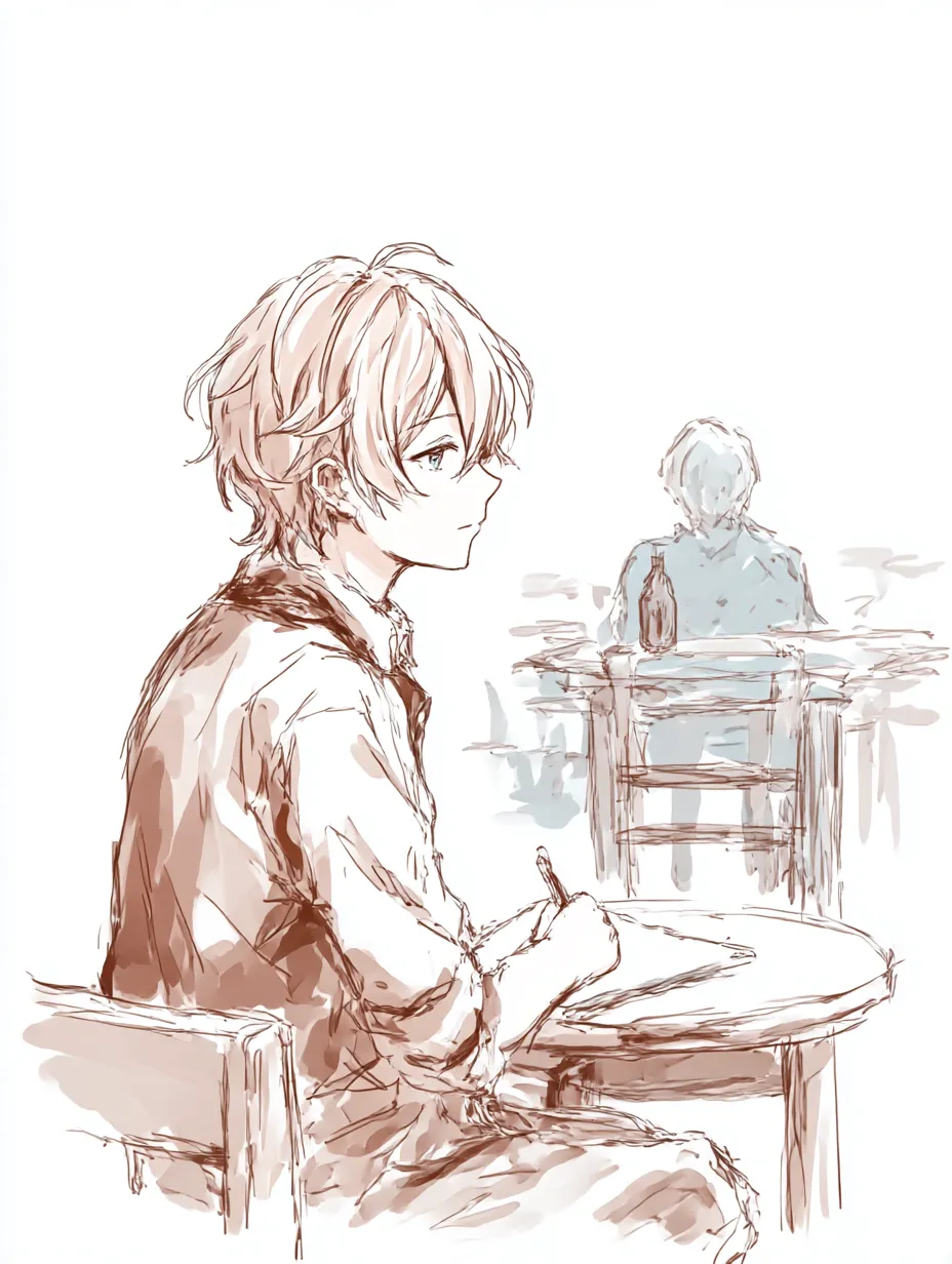 横顔　男のカフェ風景｜【基本構造】椅子に座り横顔を描き方で整理し、視線を正面ではなくやや斜めに配置しています。<br>【演出の方向性】日常的な仕草に奥行きが加わり、自然体で落ち着いた印象を与えています。<br>