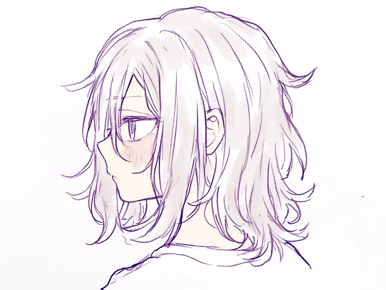 横顔　男の振り返り｜【基本構造】肩越しに振り向く描き方で、首のひねりを意識し輪郭をやや斜めにしています。<br>【演出の方向性】控えめな視線が柔らかさを生み、親しみやすい優しい印象を演出します。<br>