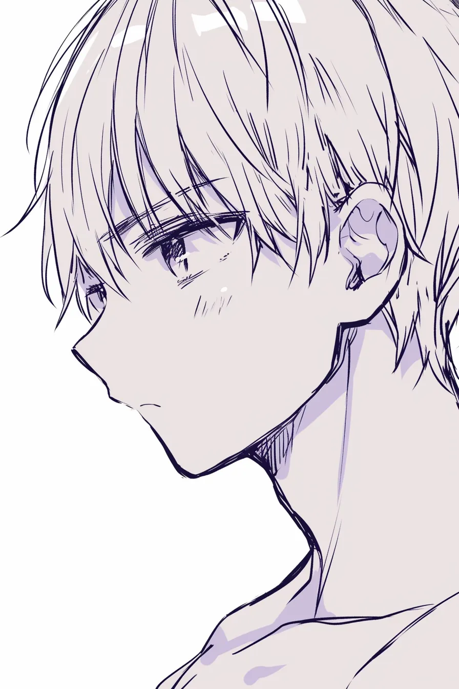 横顔　男の憂い｜【基本構造】伏し目がちに顎を下げた描き方で、頬から顎にかけて直線を強調しています。<br>【演出の方向性】物静かな表情が切なさを際立たせ、内面的な深さを伝える表現になります。<br>
