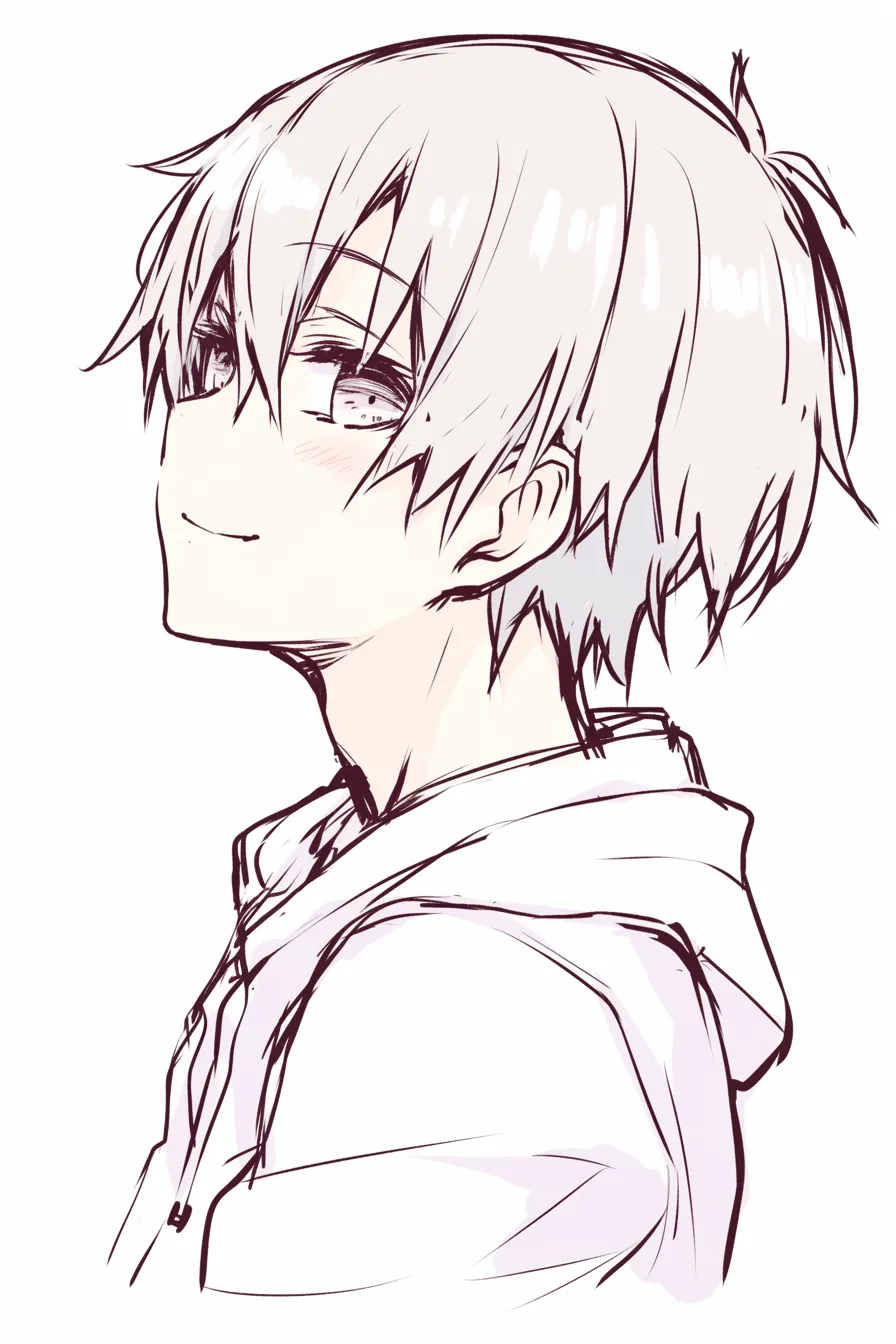 横顔　男の微笑｜【基本構造】視線をやや上にずらす描き方で、首筋と頬のラインをシンプルに整理しています。<br>【演出の方向性】さりげない微笑が軽やかさを生み、爽やかな若々しさを感じさせます。<br>