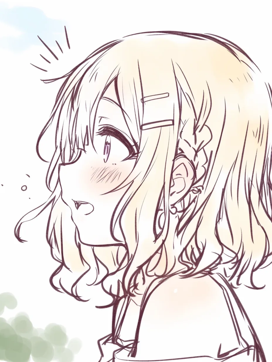横顔　女の子の驚き｜【基本構造】口を軽く開け、顎を上げた描き方で、頬をふくらませています。<br>【演出の方向性】目を丸くし、髪留めを添えることで、素直な驚きと愛らしさを強調しています。<br>