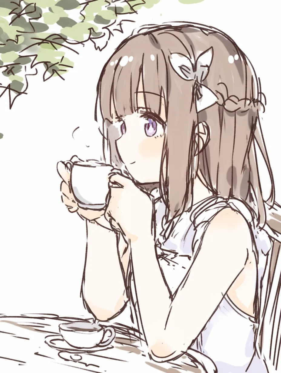 横顔　女の子のお茶時間｜【基本構造】両手でカップを支える描き方で、肩から首にかけてのラインを柔らかく整えています。<br>【演出の方向性】穏やかな仕草が落ち着きを与え、日常の可憐な瞬間を演出します。<br>