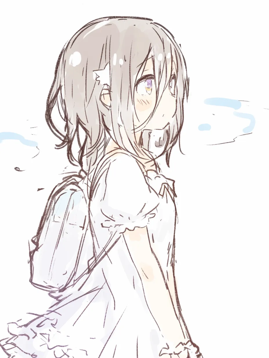 横顔　女の子の振り返り｜【基本構造】肩越しに視線を戻す描き方で、頬と口元を丸くしています。<br>【演出の方向性】振り返りの仕草が幼さや無邪気さを強調し、少女らしい愛らしさを印象付けます。<br>