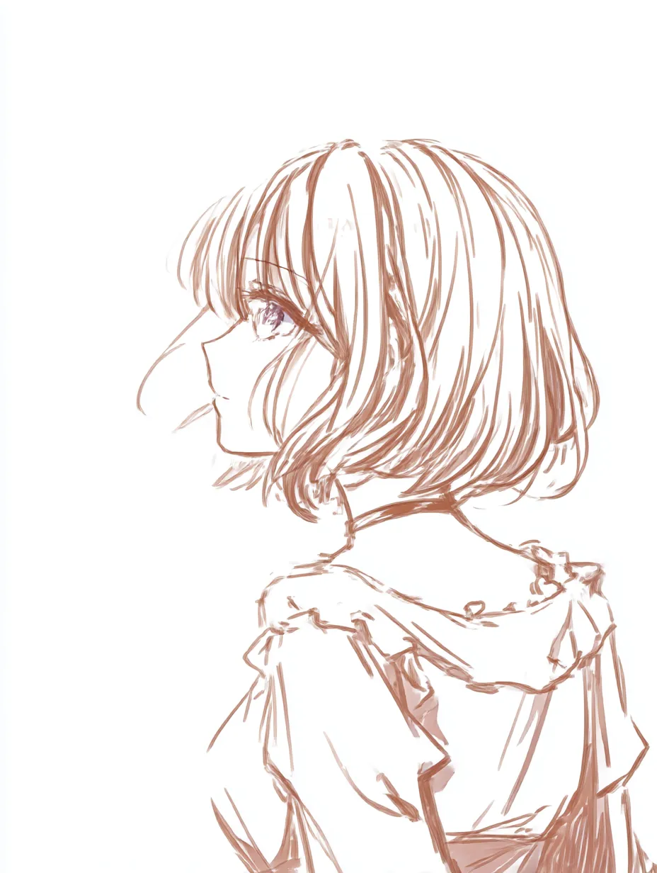 横顔　女の子のシンプル視線｜【基本構造】顔を横に向け、正面性を排した描き方で、顎から首筋をすっきり描いています。<br>【演出の方向性】飾り気のない線が落ち着きを強め、清楚で真面目な印象を与えます。<br>