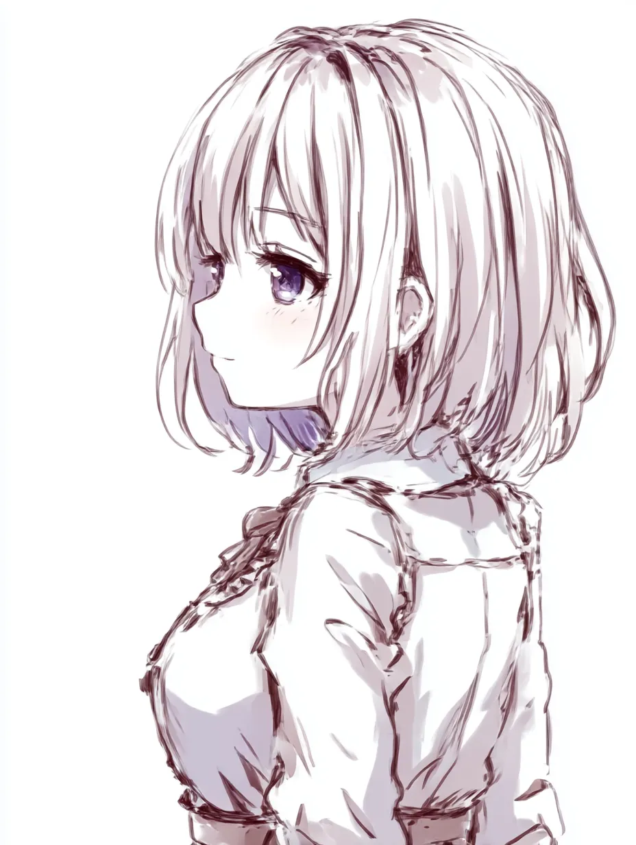 横顔　女の子の穏やかさ｜【基本構造】頬をわずかにふくらませる描き方で、髪の毛を丸く流しています。<br>【演出の方向性】優しい視線が柔らかさを生み、穏やかで親しみやすい雰囲気を漂わせます。<br>
