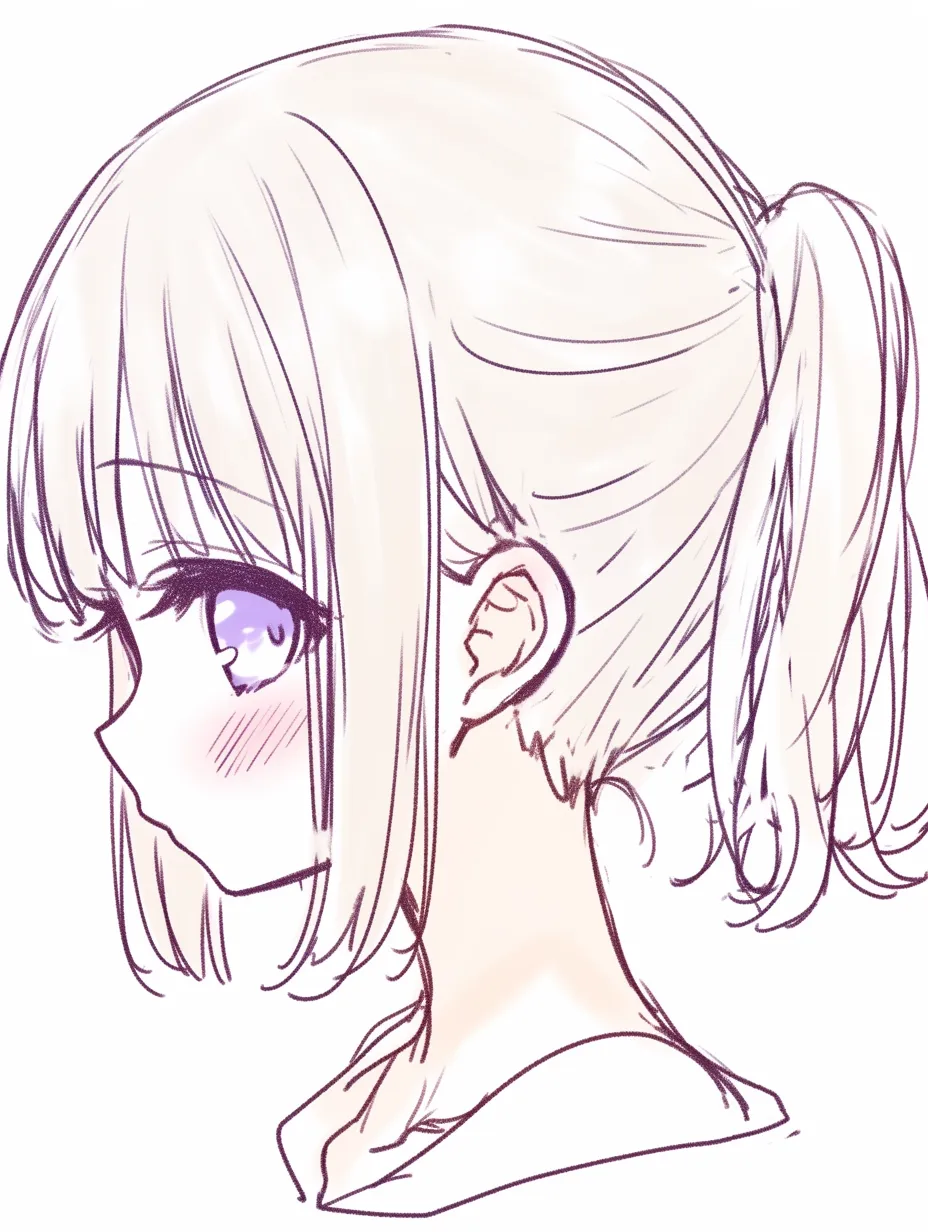 横顔　女の子の素直さ｜【基本構造】後ろ髪を束ね、目を大きく描く描き方で頬を丸くしています。<br>【演出の方向性】シンプルな線により、純粋でまっすぐな雰囲気を演出します。<br>