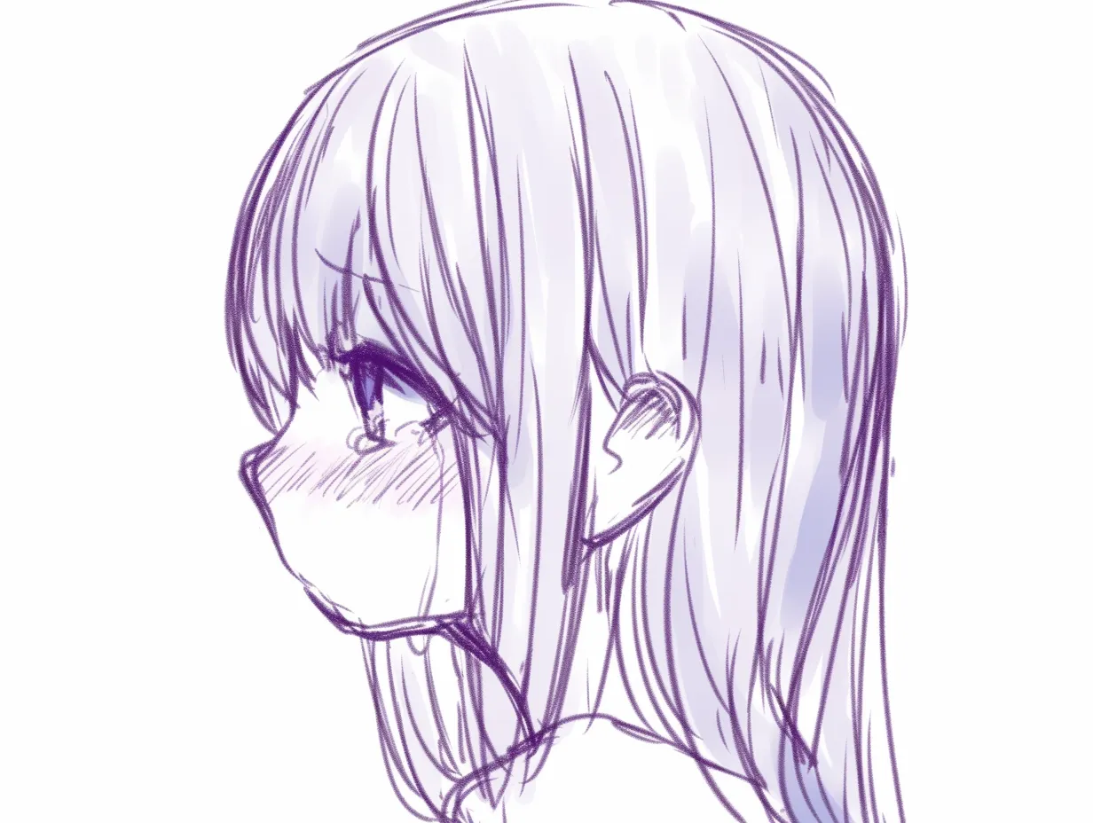 横顔の女の子｜【基本構造】顔が横向きで、目元はわずかに斜め前を向いています。髪は肩に軽くかかる程度に描かれ、顔全体に柔らかさが感じられる構図です。<br>【演出の方向性】表情は優しげで、少しだけ微笑みを見せつつ、瞳を大きく強調し、柔らかな色合いで温かみを感じさせます。<br>