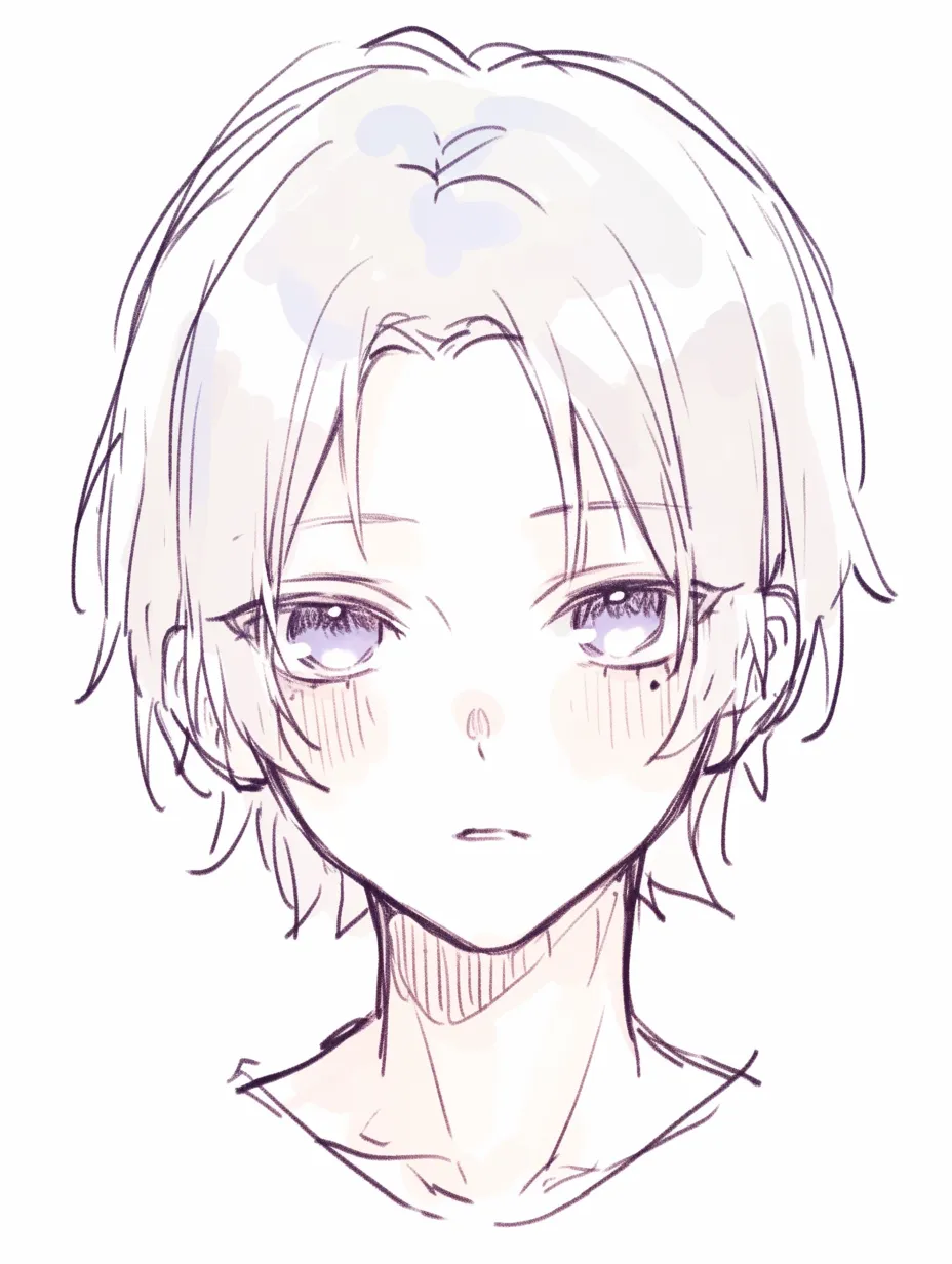 泣きぼくろの男（正面の無表情）｜【基本構造】正面からの安定した顔立ちに、目尻近くに泣きぼくろを描き加える描き方です。<br>【演出の方向性】無表情の静けさと対照的に、泣きぼくろが微かな感情の揺れを示し、繊細さを漂わせています。<br>