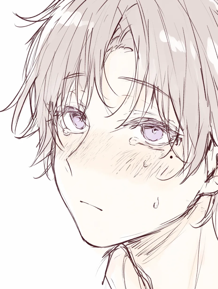 泣きぼくろの男（汗を浮かべる表情）｜【基本構造】やや俯き加減の顔に、泣きぼくろと汗のしずくを加える描き方です。<br>【演出の方向性】泣きぼくろの艶感と汗の表現が重なり、緊張や不安をより鮮明に伝えています。<br>