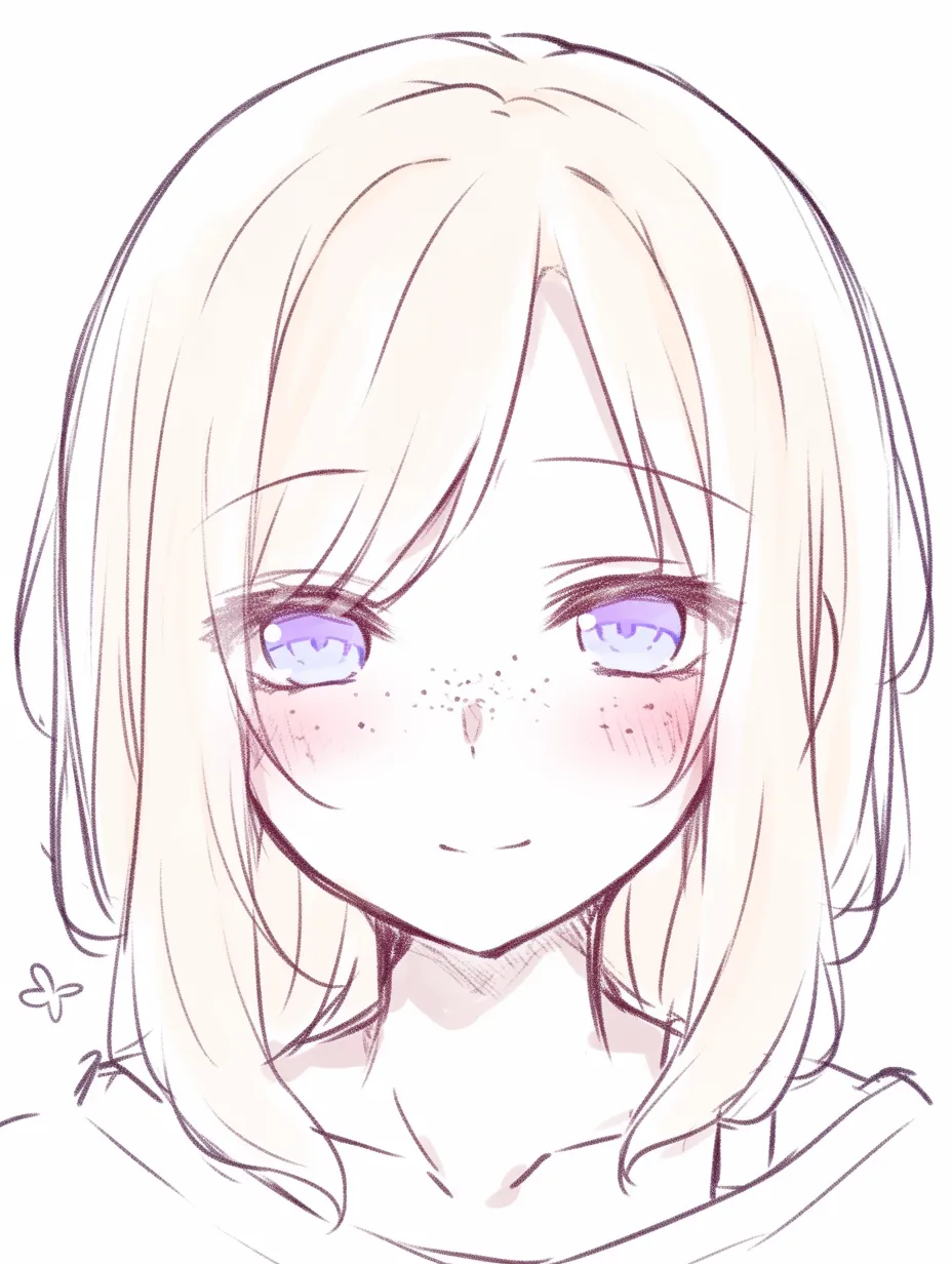 そばかす　かわいい正面顔｜【基本構造】やわらかな輪郭と正面構図で描き方をまとめ、頬や鼻筋にそばかすを散らしつつ淡い髪色と大きな瞳を配置しています。<br>【演出の方向性】頬にほんのり赤みを加えることで愛らしさが増し、そばかすが純真な雰囲気を高め、透明感と無邪気さを強調しています。<br>