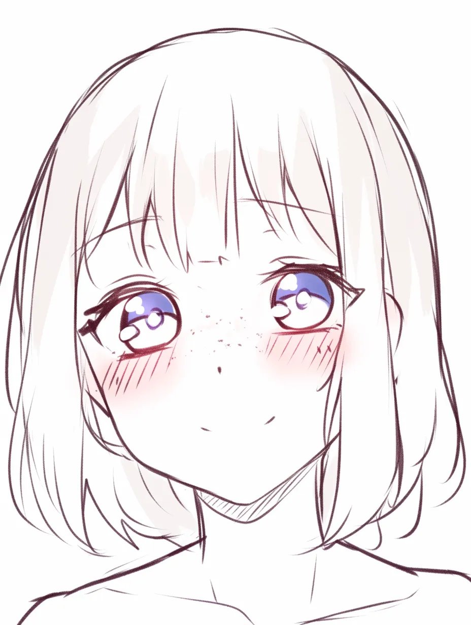 そばかす　かわいい大きな瞳｜【基本構造】正面に近い視線で瞳を大きく描き方を整え、細かいそばかすを鼻筋に沿って置き、短めの髪型を合わせています。<br>【演出の方向性】瞳の輝きと赤みの強い頬が高揚感を示し、そばかすが表情に素直さとあどけなさをプラスしています。<br>