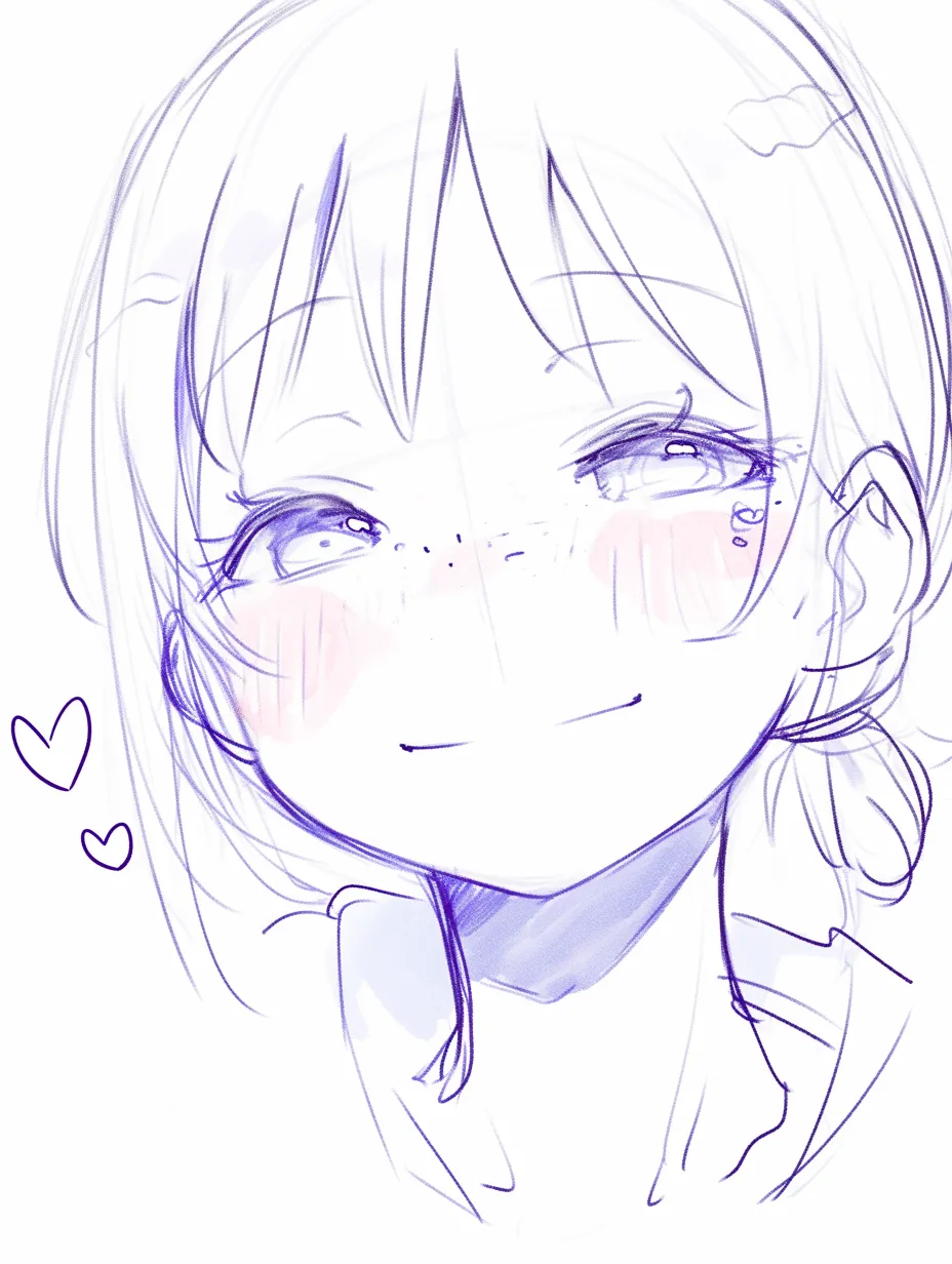 そばかす　かわいい笑顔アップ｜【基本構造】バストアップの構図で片側に結んだ髪を描き方に取り込み、そばかすを明確に描出しています。<br>【演出の方向性】大きな笑みとハートの記号が幸福感を演出し、そばかすが明るさと個性を引き立てています。<br>