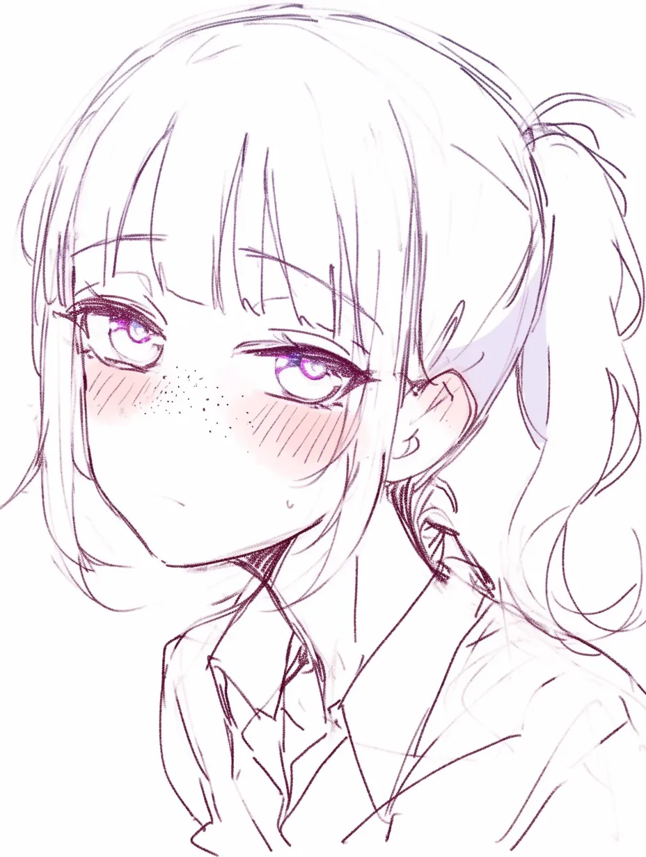 そばかす　かわいい気だるげ｜【基本構造】ポニーテール姿で首をかしげ、まぶたを半分下ろした目元を描き方に加え、そばかすを淡く表現しています。<br>【演出の方向性】目の力を抜いた表情が気だるさを演出し、そばかすがその中でかわいらしい素朴さを残しています。<br>