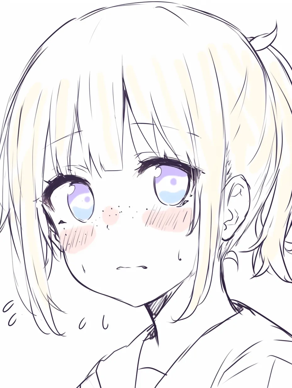 そばかす　かわいい不安顔｜【基本構造】ポニーテールで後ろに髪をまとめ、驚きに近い瞳の開きを描き方に取り入れ、そばかすを濃く配置しています。<br>【演出の方向性】汗や大きな瞳が不安や緊張を示し、そばかすがその幼さを補強する役割を果たしています。<br>