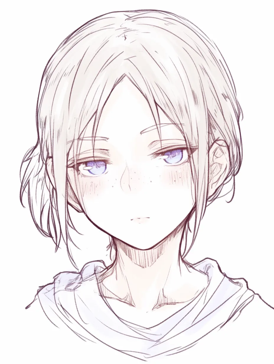 そばかす美人の涼しげな視線｜【基本構造】髪を後ろで束ねた姿を描き方に取り込み、半眼気味の瞳と整った輪郭にそばかすを配しています。<br>【演出の方向性】力を抜いた視線が涼しげな雰囲気を生み、そばかすが美人の冷淡さをやわらげて親しみを添えています。<br>