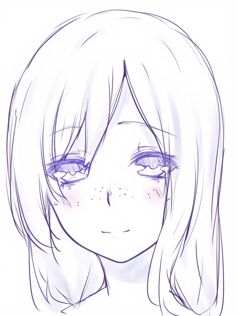 そばかす美人の柔和な笑み｜【基本構造】髪を下ろした正面顔を描き方にまとめ、そばかすを鼻筋中心に配置しています。<br>【演出の方向性】伏し目がちに口角をわずかに上げることで、上品な柔和さを演出し、そばかすが温かみを加えています。<br>