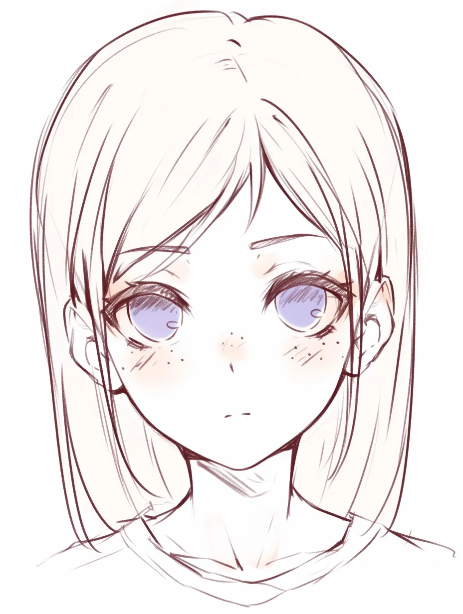 そばかす美人の無垢な瞳｜【基本構造】大きな瞳を正面に据えた描き方で、髪をまっすぐに落とし輪郭をシンプルに描いています。<br>【演出の方向性】目の透明感が無垢さを示し、そばかすがその純真さを自然な美しさへとつなげています。<br>