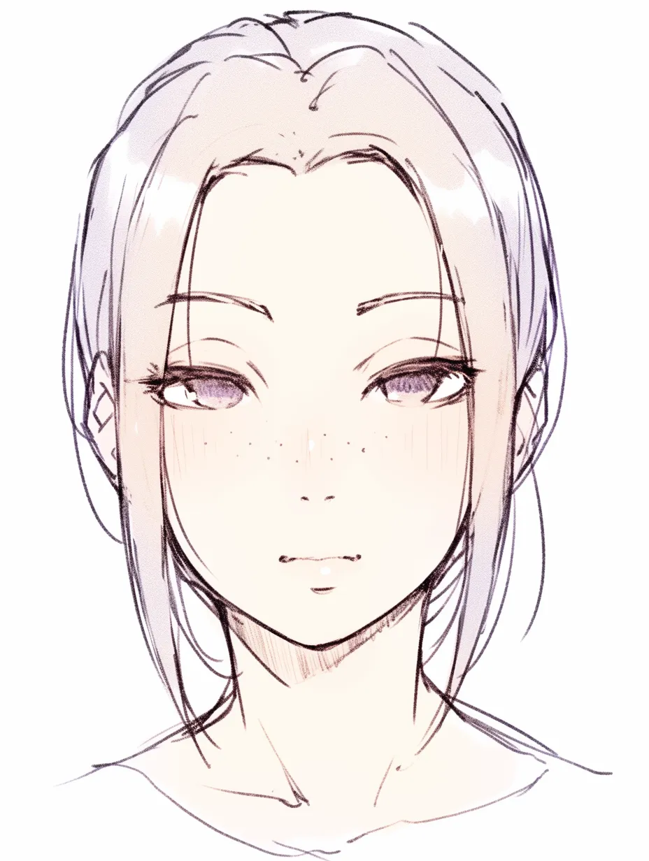 そばかす美人の落ち着き｜【基本構造】髪を後ろに流した構図で目を細める描き方を採用し、そばかすを控えめに点在させています。<br>【演出の方向性】表情の穏やかさが落ち着いた知性を感じさせ、そばかすが自然体の美人像を完成させています。<br>