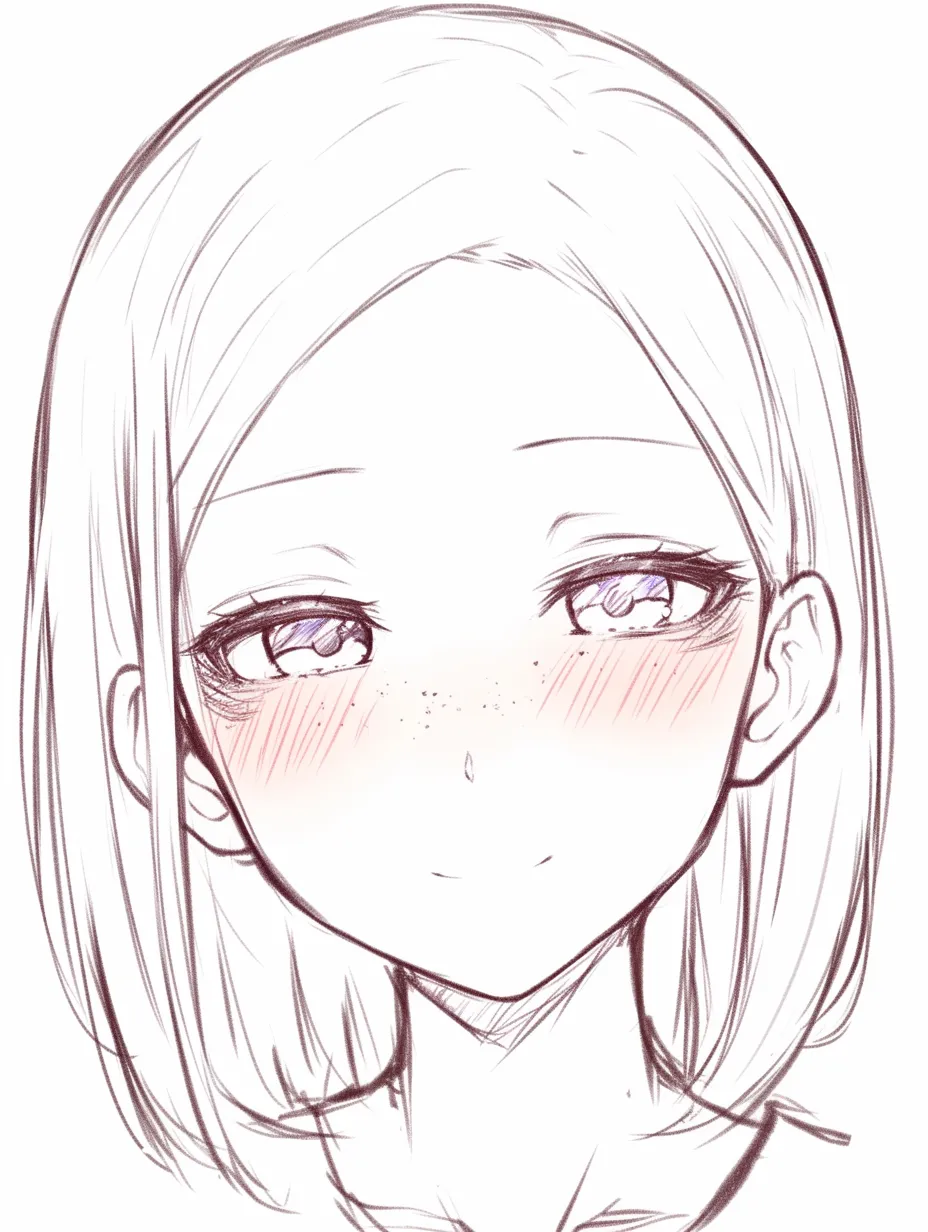 そばかす美人の赤らみ笑顔｜【基本構造】頬を大きく赤らめて微笑む表情を描き方に組み込み、鼻筋と頬にそばかすを置いています。<br>【演出の方向性】頬の赤みが健康的な美しさを引き出し、そばかすがチャーミングさを際立たせています。<br>