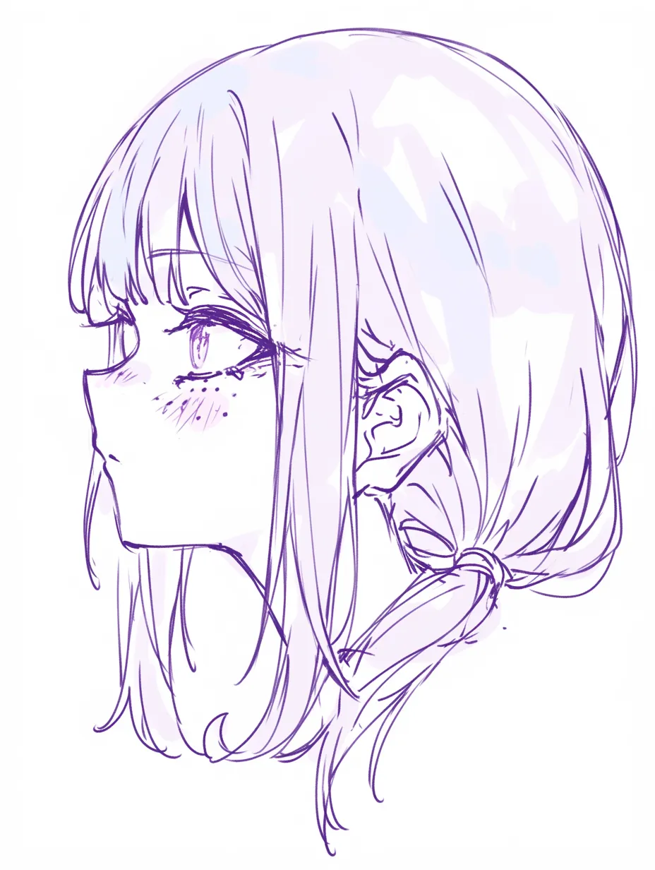 そばかす美人の横顔｜【基本構造】横向きの顔を描き方で整え、髪を後ろでまとめ、輪郭と鼻筋にそばかすを沿わせています。<br>【演出の方向性】強めの横顔ラインが凛々しい印象を作り、そばかすが素朴な可憐さを残しています。<br>