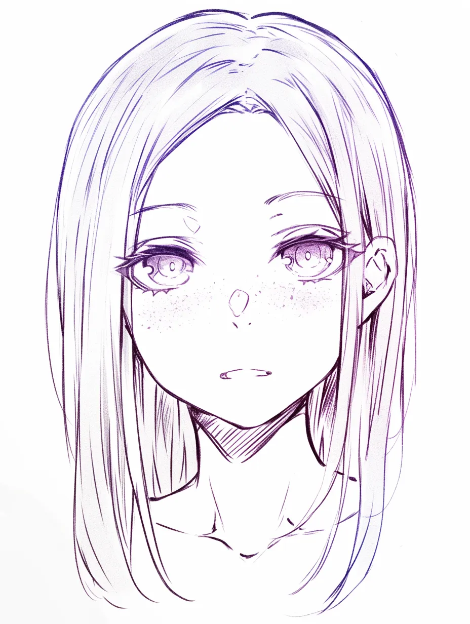 そばかす美人の静かな表情｜【基本構造】正面顔に近い角度で大きな瞳を描き方に取り入れ、鼻と頬にそばかすを集中させています。<br>【演出の方向性】余計な装飾を排した静けさが凛とした美人像を浮かび上がらせ、そばかすが素直さを添えています。<br>