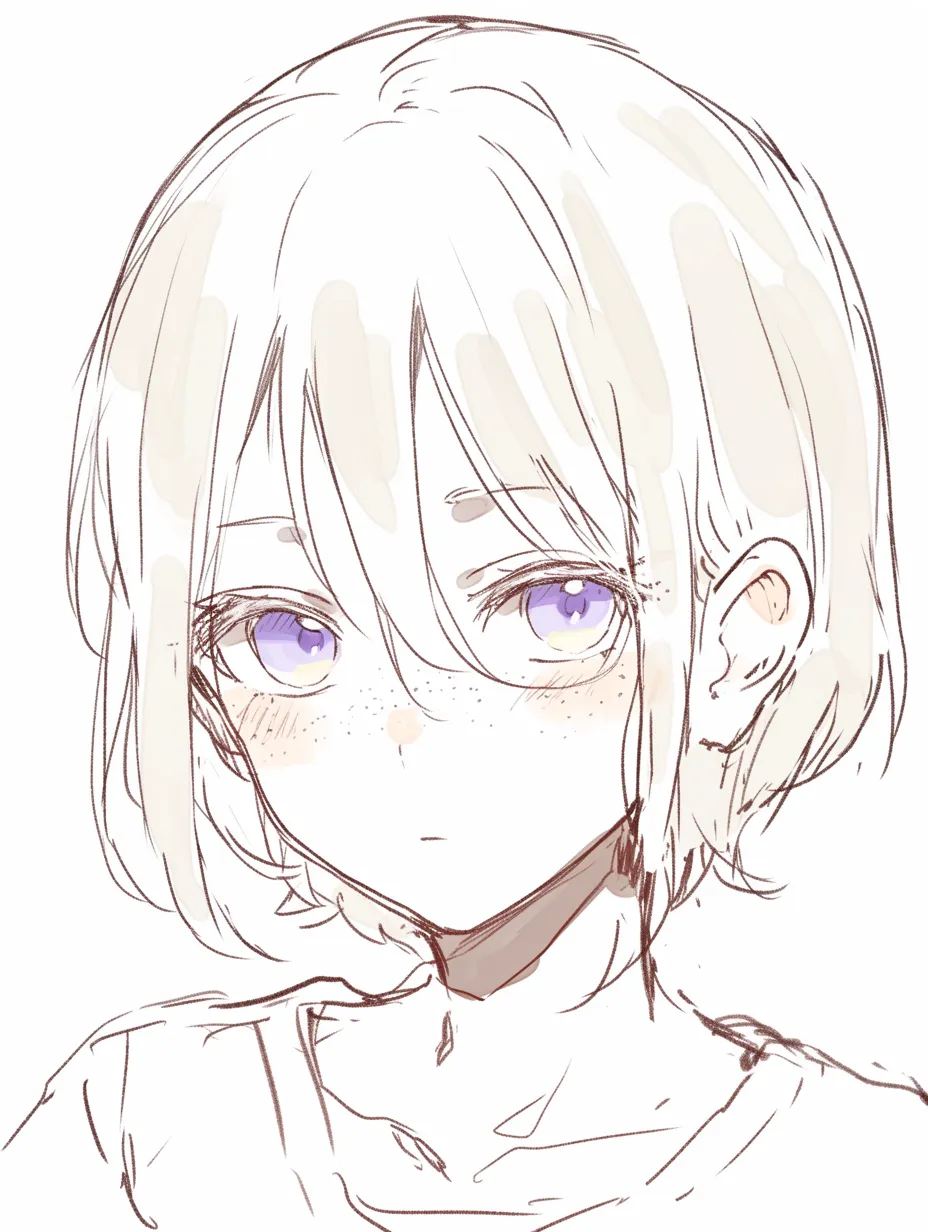 そばかす美人の少年風ショート｜【基本構造】短めの髪型と細い輪郭を描き方で構築し、頬から鼻にそばかすを均等に散らしています。<br>【演出の方向性】中性的であどけなさを残す雰囲気にそばかすが寄り添い、若々しい美人像を作り出しています。<br>