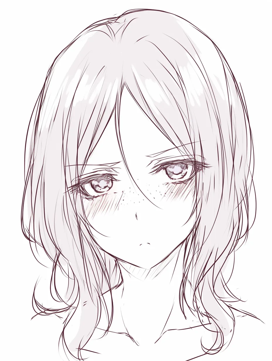 そばかす美人の憂い顔｜【基本構造】長めの髪をふんわり広げた描き方で、視線を下げた目元にそばかすを描き込みます。<br>【演出の方向性】沈んだ瞳が憂いを漂わせ、そばかすがその繊細な感情を強調し、美人の儚さを増しています。<br>