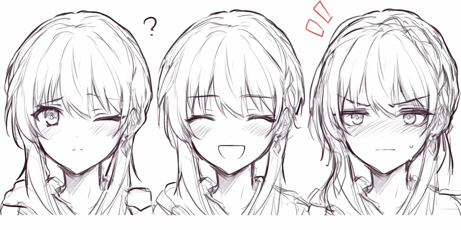 かわいい表情の照れ笑い｜【基本構造】正面3人構図でウィンクや赤面を描き方に組み込み、頬の赤みと汗を加えています。<br>【演出の方向性】恥ずかしさと嬉しさが同居する表情が純粋な可愛らしさを浮き彫りにしています。<br>