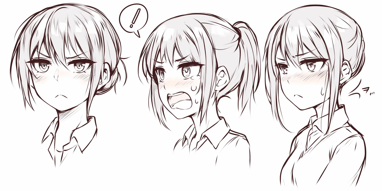 かわいい表情の拗ね顔｜【基本構造】口を小さく尖らせ、眉を下げる描き方で頬の丸みを強調しています。視線はまっすぐで幼さを演出しています。<br>【演出の方向性】感情を隠さず表に出す姿が、可愛らしいわがまま感を与えます。シンプルな陰影で幼さを印象的に見せています。<br>