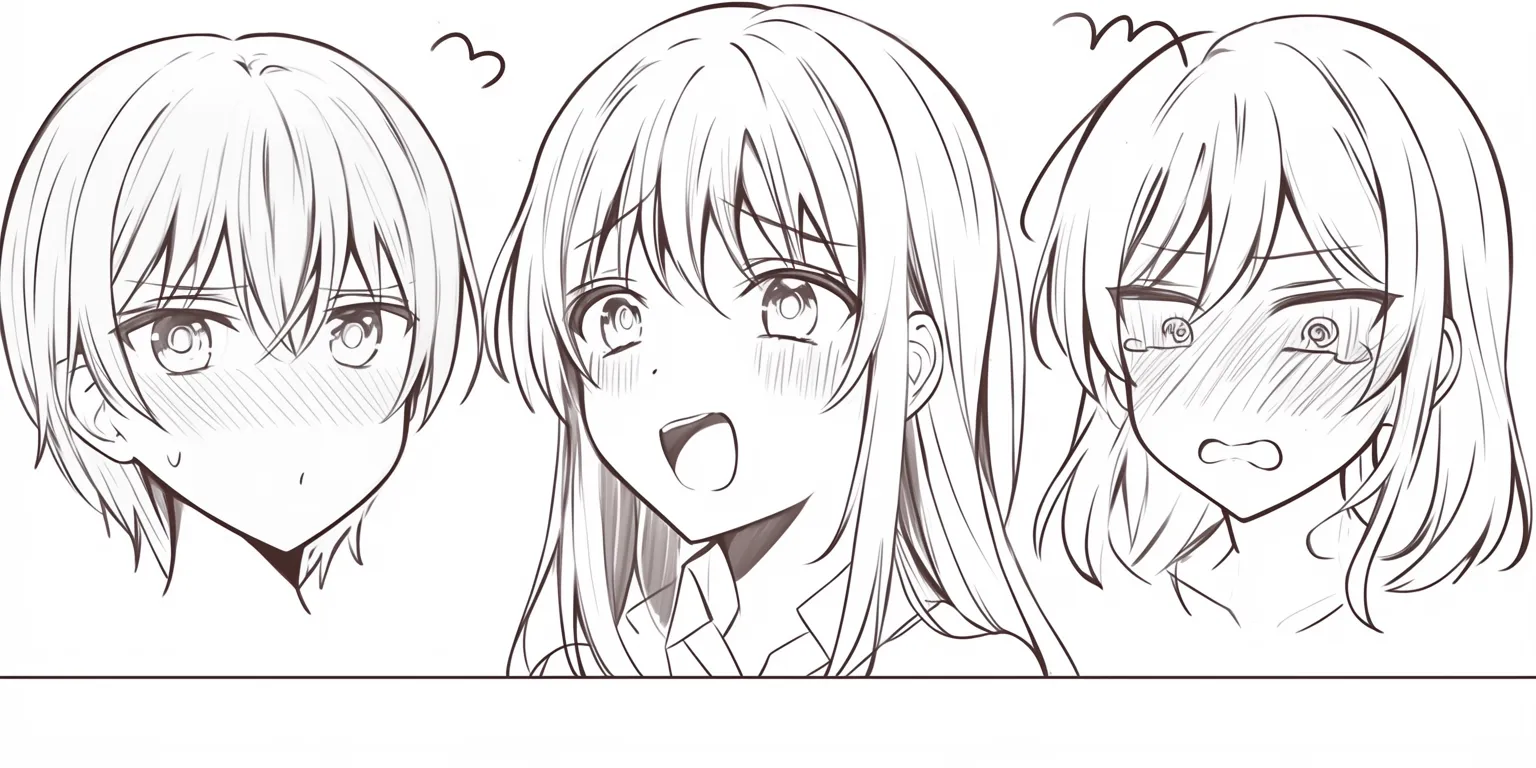 かわいい表情の怒り｜【基本構造】目を大きく見開き、眉を寄せて口を開く描き方で、首や肩の動きも強調しています。鋭さを抑えつつ力強さを表現しています。<br>【演出の方向性】本気ではなく拗ねたような怒りを示し、かわいらしい必死さを印象づけています。頬の赤みが感情を和らげています。<br>