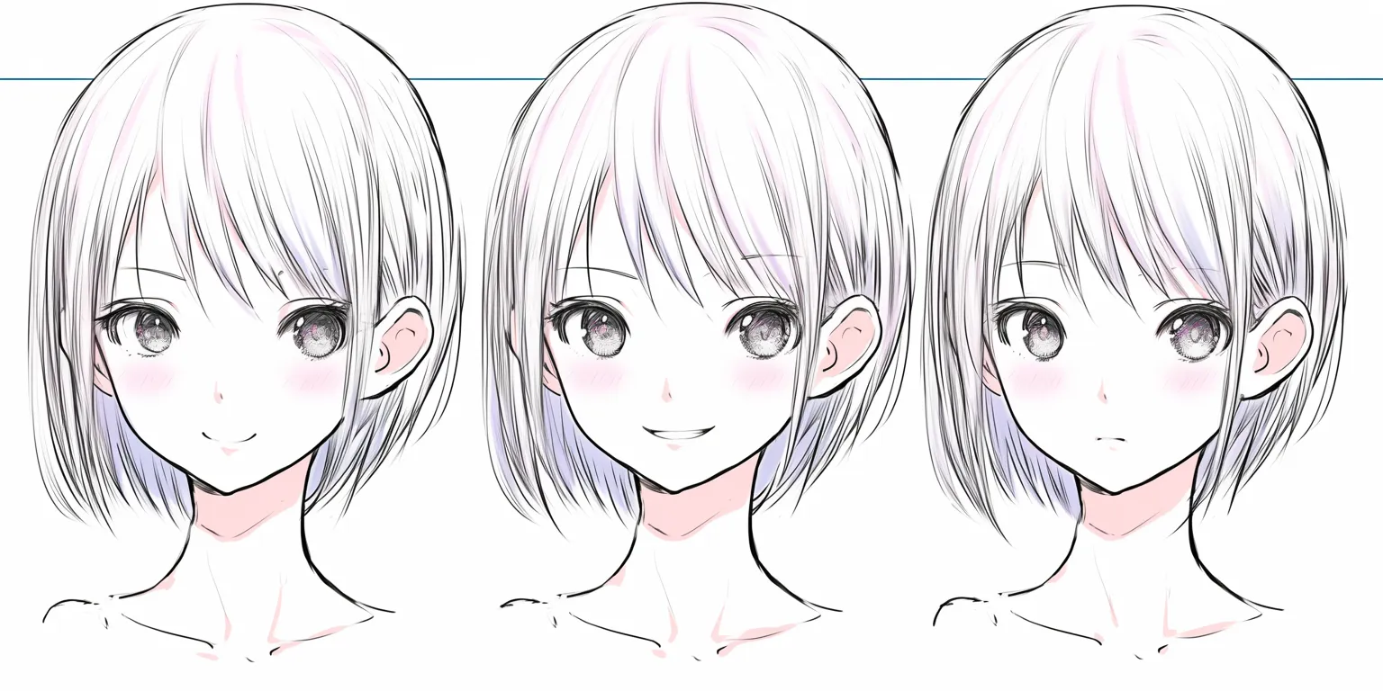表情　女の子の笑顔｜【基本構造】目尻を下げて瞳を丸くし、口角を軽く上げる描き方で、頬の丸みを柔らかく見せています。<br>【演出の方向性】光沢を強めた瞳と淡いチークで愛らしさを増幅し、純真で優しい印象を与える効果があります。<br>