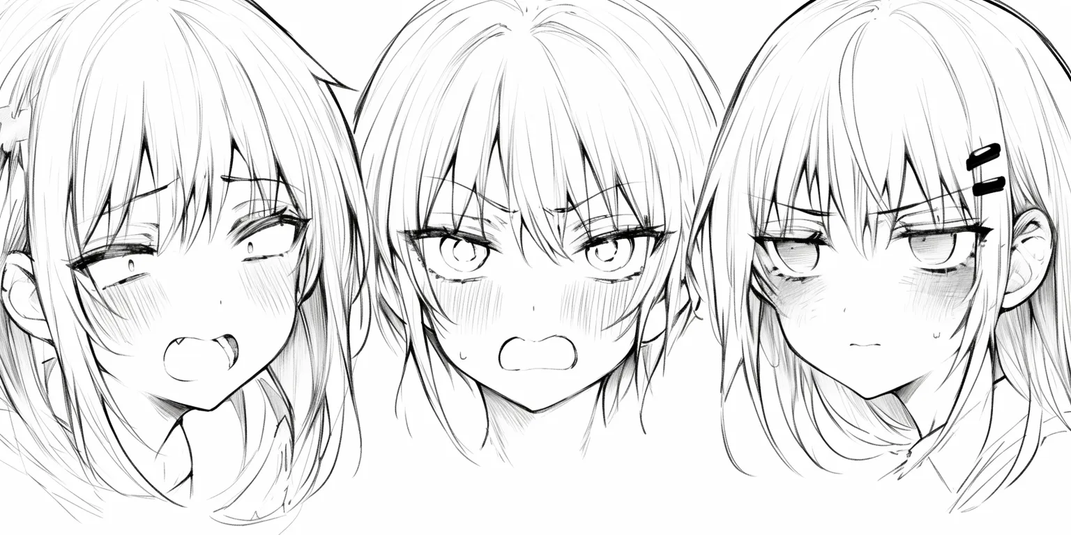 表情　女の子の怒り｜【基本構造】眉を大きく寄せ、口を強く開けた描き方で、顎のラインを引き締めています。<br>【演出の方向性】頬の赤みや汗線を組み合わせることで感情の激しさを示しつつ、かわいらしさを損なわない表現になっています。<br>