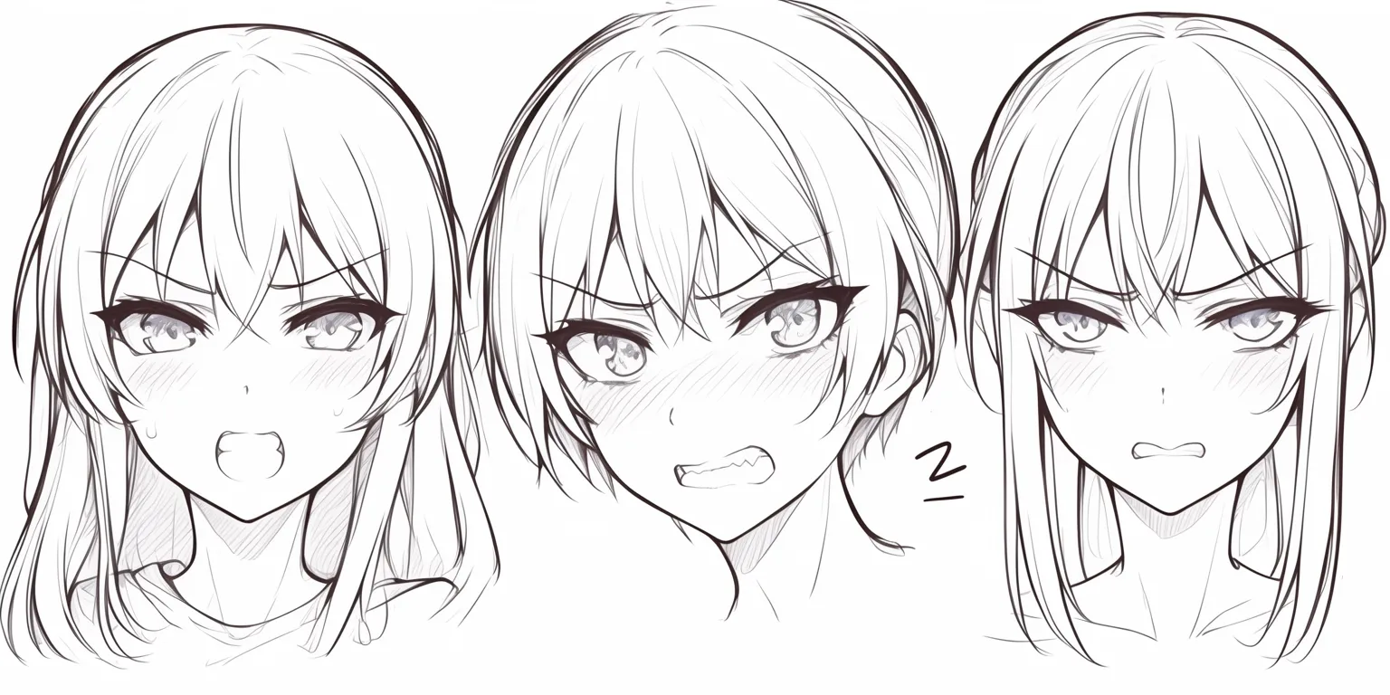 表情　女の子の怒り｜【基本構造】眉を鋭く吊り上げ、目を大きく見開いた描き方で、口を大きく開き歯を見せています。頭部の傾きと肩の動きで力強さを増しています。<br>【演出の方向性】感情の爆発をストレートに見せ、熱量の高い印象を与えます。怒りの中にも頬の赤みが残り、少女らしさが残っています。<br>