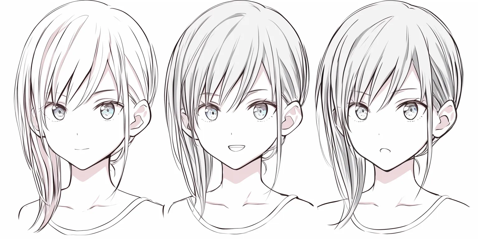 表情　女の子の無言｜【基本構造】口を固く結び、目を細めて正面をにらむ描き方で、シンプルな骨格に緊張を持たせています。頬や顎を引くことで静かな圧を表現しています。<br>【演出の方向性】言葉を発しない代わりに目線と眉の形で強い意志を示し、冷静で毅然とした印象を観る側に伝えます。<br>