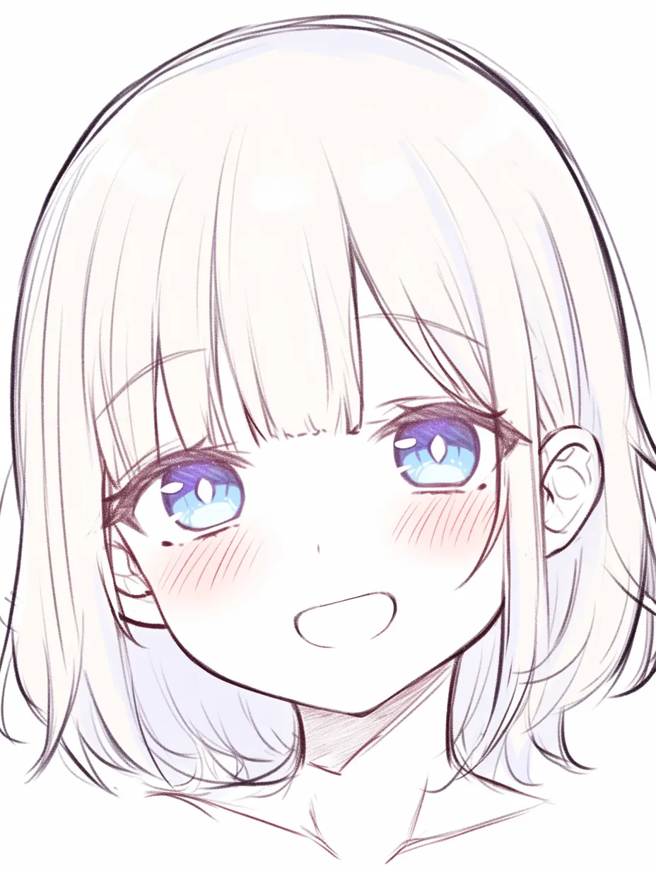 かわいい笑顔のアップ｜【基本構造】大きな瞳と小さめの口を中央にまとめる描き方で、頬に広めの赤みを加えています。<br>【演出の方向性】口角を上げつつも幼さを残した配置により、純粋で愛らしい笑顔を際立たせています。<br>