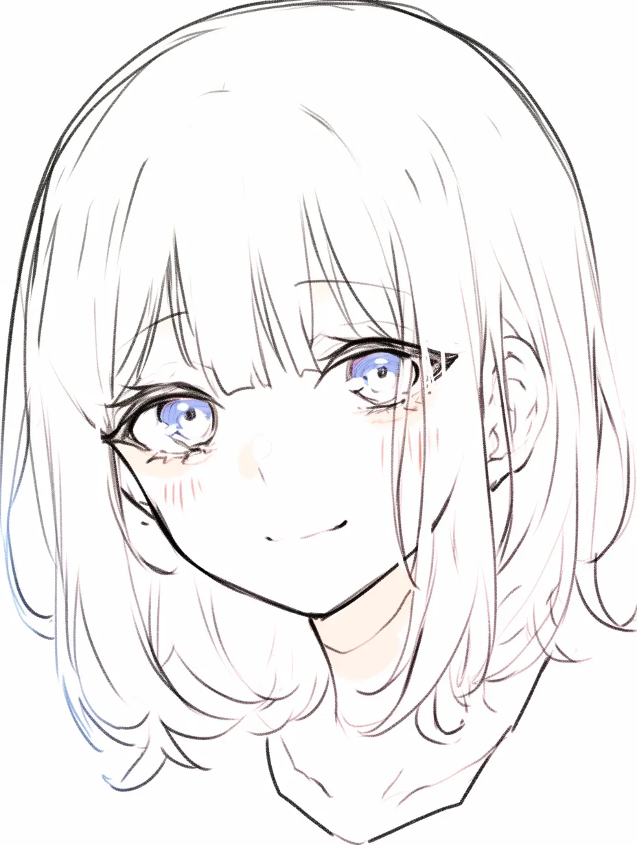 かわいい笑顔の横向き｜【基本構造】顔を少し横に振った描き方で、片側に髪の毛を流し、首筋のラインを控えめに描いています。<br>【演出の方向性】視線を柔らかく伏せ、口元を小さく上げることで落ち着いた可愛らしさを引き出しています。<br>