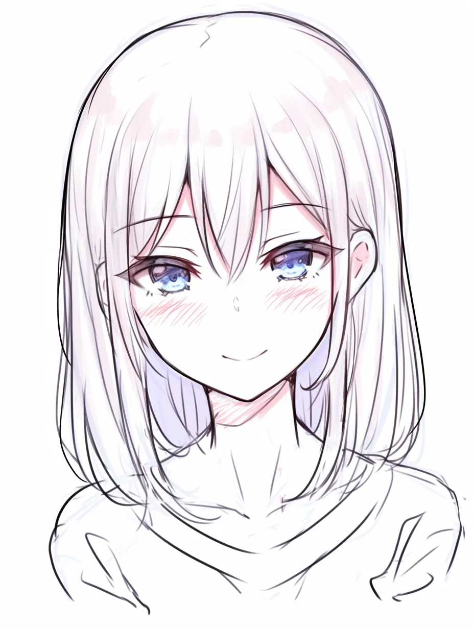 かわいい笑顔の伏し目｜【基本構造】瞼をやや下げる描き方で、目の印象を和らげ、シルエットを縦長に整えています。<br>【演出の方向性】微笑とともに頬に淡い陰影を添えることで、静かに寄り添うような優しい雰囲気を生んでいます。<br>