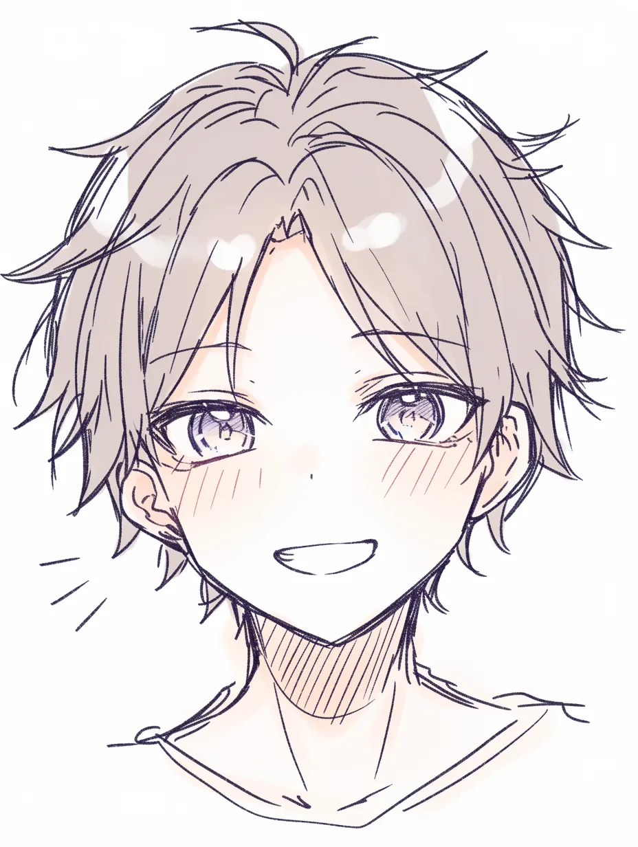 かわいい笑顔の男の子｜【基本構造】柔らかな輪郭と短めの髪型を合わせる描き方で、少年らしい無邪気さを表現しています。<br>【演出の方向性】歯を見せる自然な笑顔と光沢のある髪描写で、明るく人懐っこい印象を強調しています。<br>