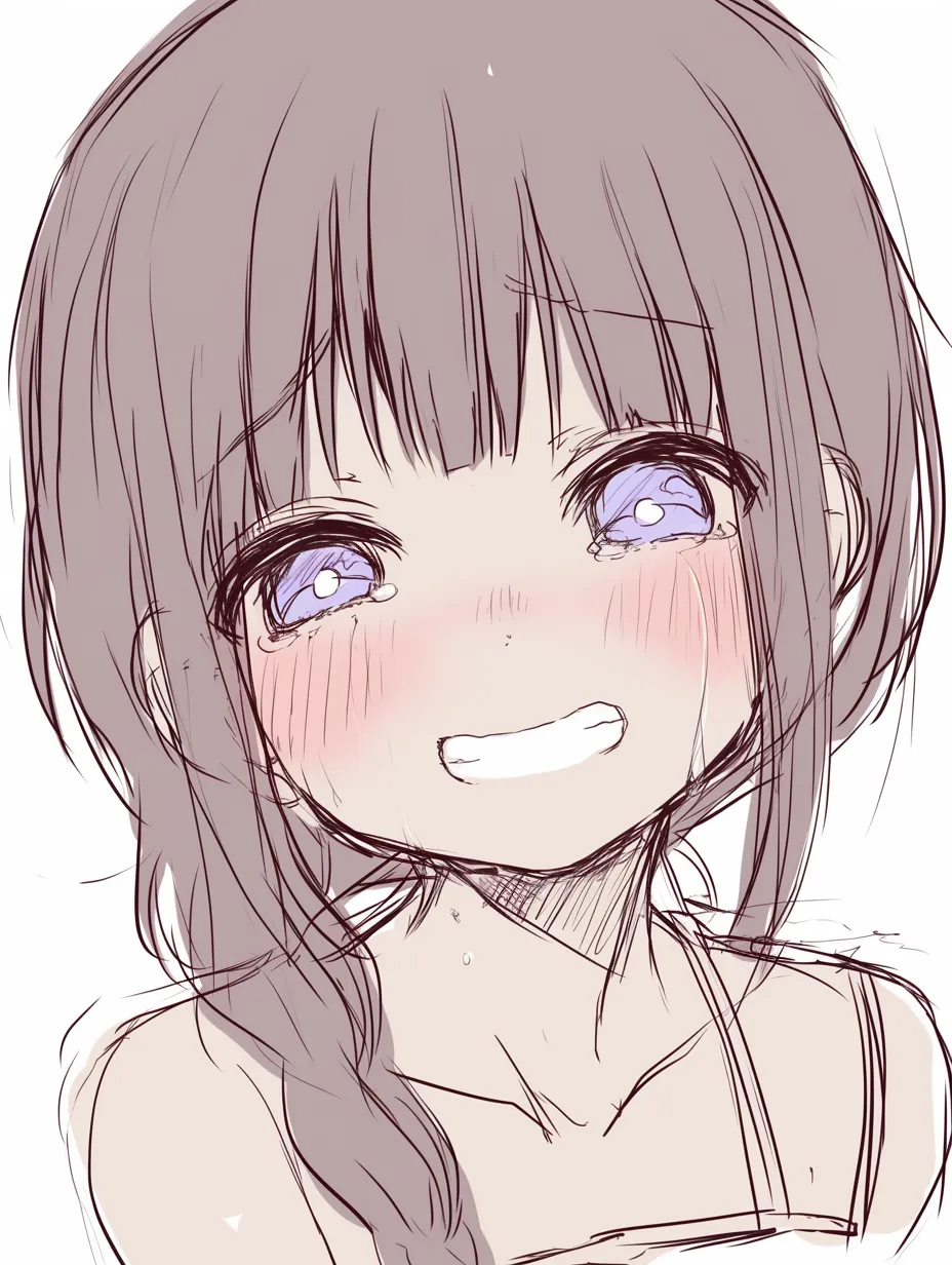 笑顔　女の泣き笑い｜【基本構造】眉を下げ、瞳に涙を浮かべつつ口角を上げる描き方で、感情の入り混じった表情を構築しています。<br>【演出の方向性】頬の赤みと潤みを強調することで、泣きながらも笑う切なさと温かさを両立させています。<br>