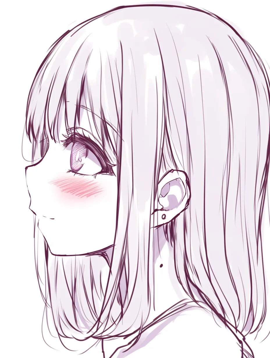 笑顔　女の照れ｜【基本構造】横顔をベースに、頬を赤らめて視線を上げる描き方で、耳や首筋を柔らかく処理しています。<br>【演出の方向性】赤みを強調し、髪の奥に視線を逃がすことで、恥ずかしさ混じりの初々しい笑顔を演出しています。<br>