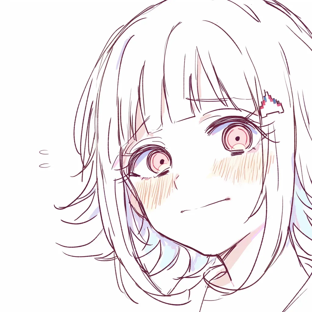 笑顔　女のぎこちない表情｜【基本構造】口元を引きつらせ、目を大きく開いた描き方で、硬さの残る笑顔を形づくっています。<br>【演出の方向性】髪飾りや赤面を加えつつも瞳に緊張感を残し、不自然さや隠し事の気配を演出しています。<br>