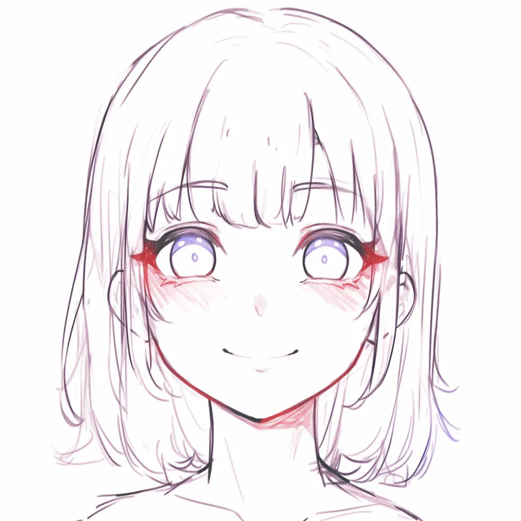 笑顔　女の純真さ｜【基本構造】大きく見開いた瞳と小さな口角を中心に置く描き方で、顔全体に幼さを残しています。<br>【演出の方向性】瞳の光彩を強調し、赤みを広く乗せることで、純粋で無垢な印象を際立たせています。<br>