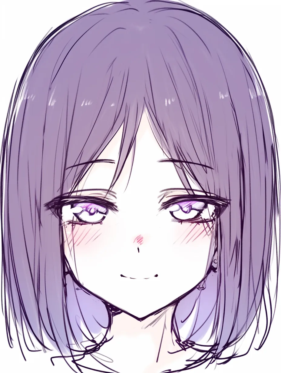 笑顔　女の落ち着き｜【基本構造】半眼の瞳と緩やかな口元を描き方として組み合わせ、髪をストレートに垂らしています。<br>【演出の方向性】鼻先や頬に淡い赤みを添え、視線をやや下げることで穏やかさと大人びた落ち着きを表現しています。<br>